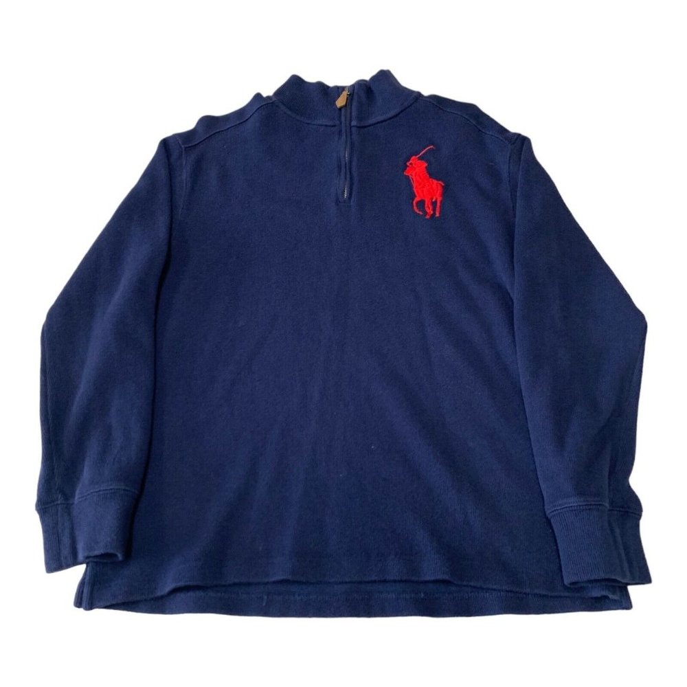 Polo Ralph Lauren Pullover Mens Large Blue Big Red Pony Logo Quarter Zip Vintage